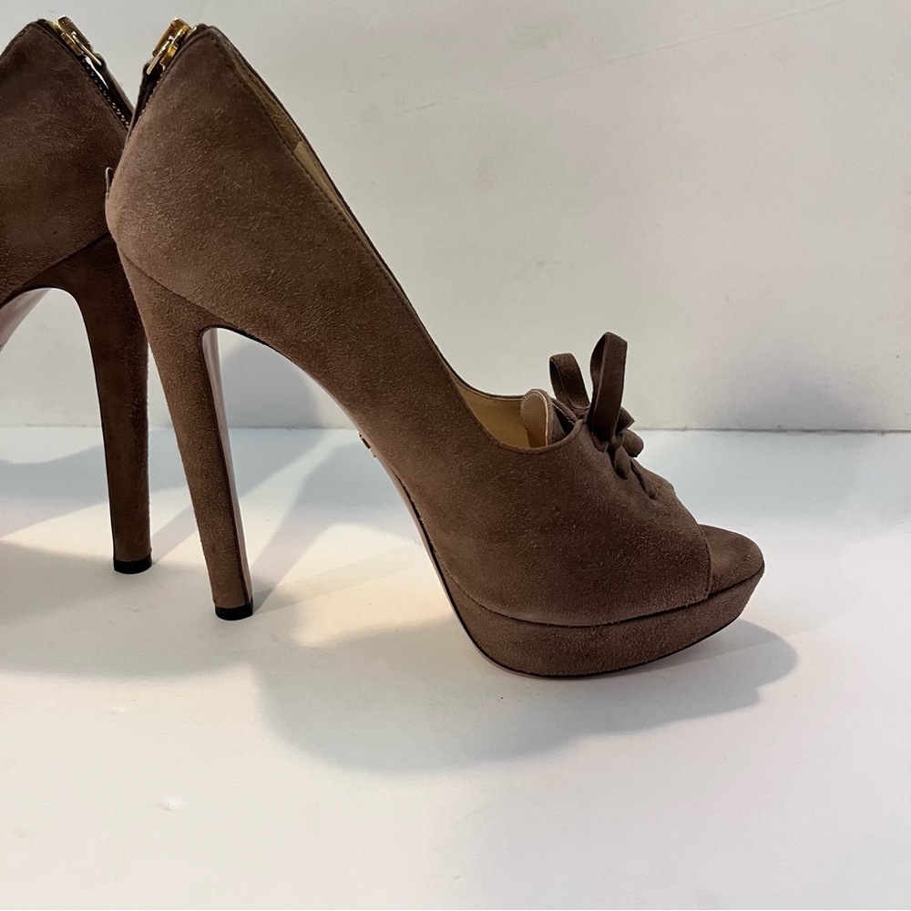 Prada Women’s 39.5 Brown Leather Suede Peep Toe High Heel Pumps - Picture 8 of 16